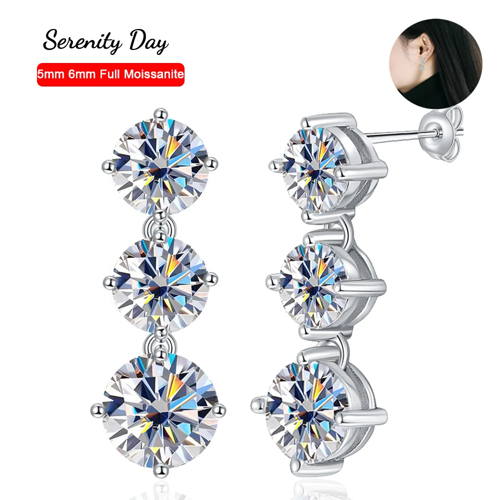

Serenity Day Real D Color 6 Stones 5mm 6mm Full Moissanite Tassel Stud Earrings For Women 100% S925 Sterling Silver Fine Jewelry