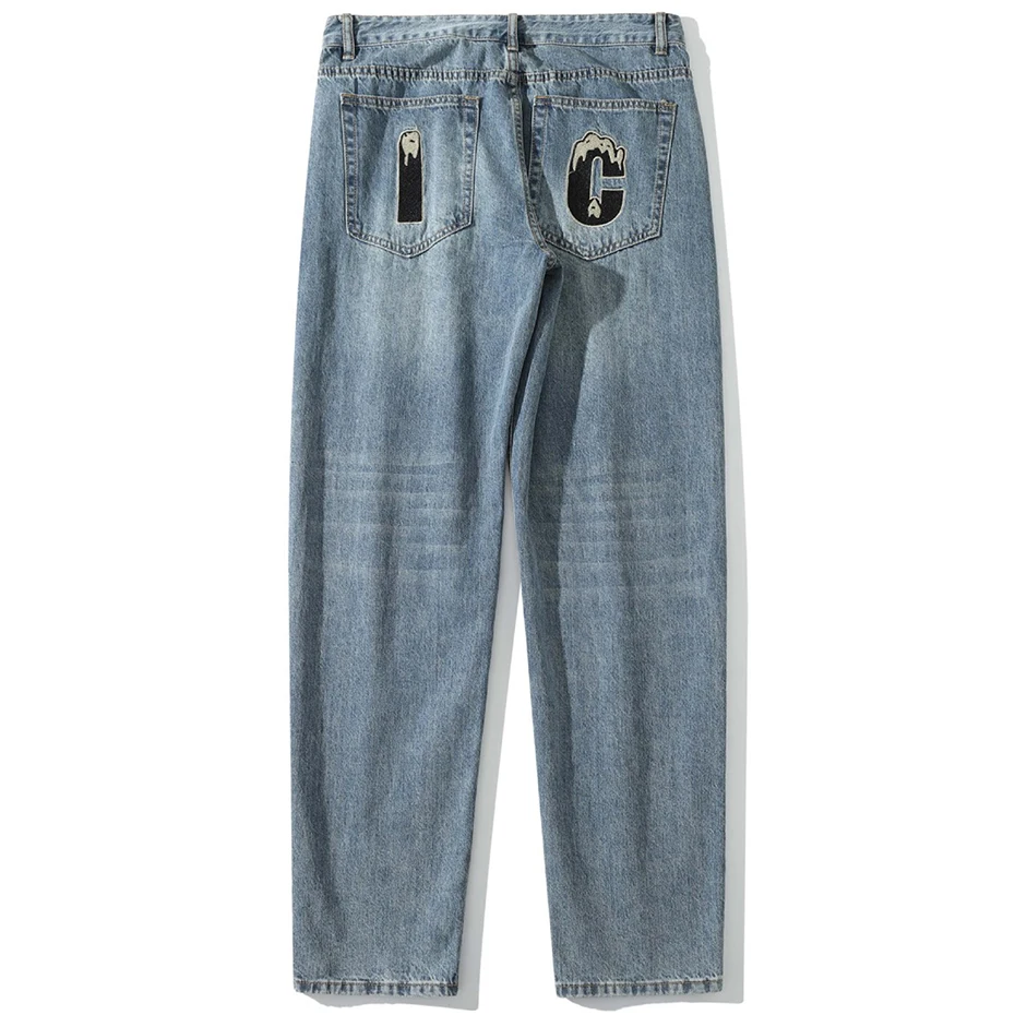 Dog Print Hip Hop Baggy Jeans Men Fashion Casual Loose Straight Denim Pants Black Blue Harajuku Streetwear Y2K Jeans for Man