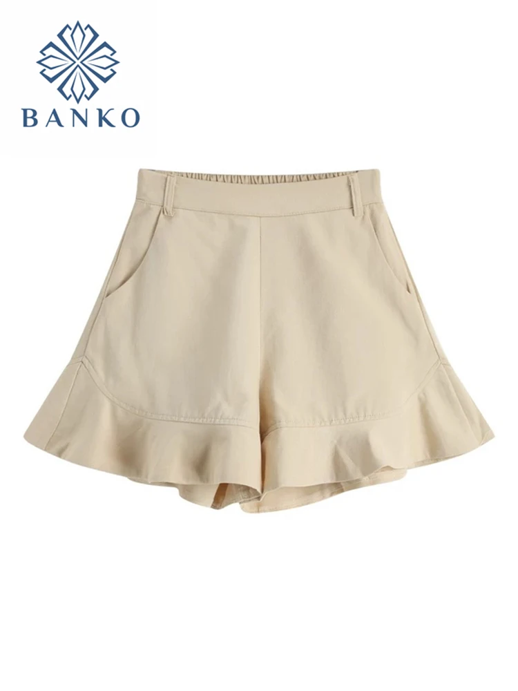 

Women Short 2022 Summer New Preppy Style Fashion All-Match Wide Leg Pants Cutey Ruffle Edge High Waist Casual Baggy Shorts Mujer
