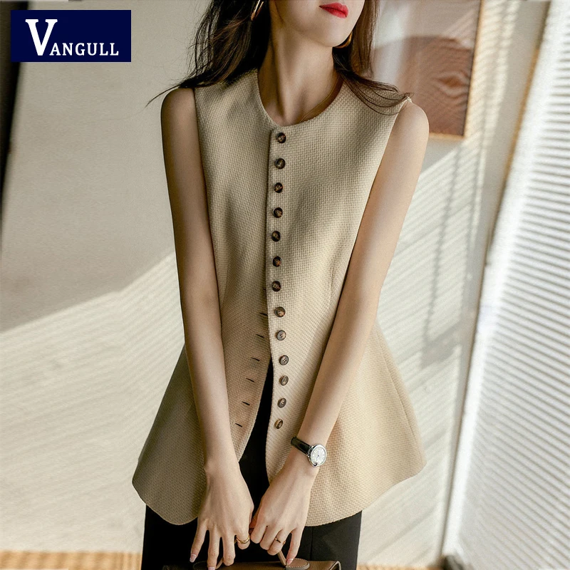 

Vangull Casual Beige Silm Vest Women Spring New O-Neck Solid Cardigan Waistcoat Female Sleeveless Single Breasted Fashion Vest