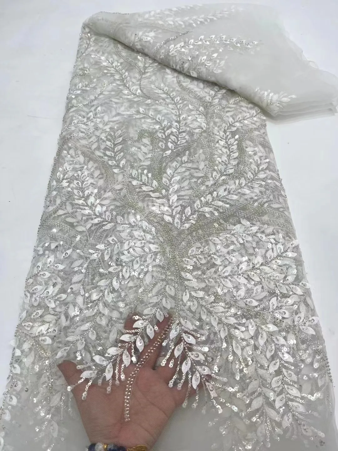 

Новейшие африканские блестки, бисерная кружевная ткань, белая вышивка, французская сетка, блестки, кружевная ткань, нигерийское Тюлевое кружево для женских блесток QF0901