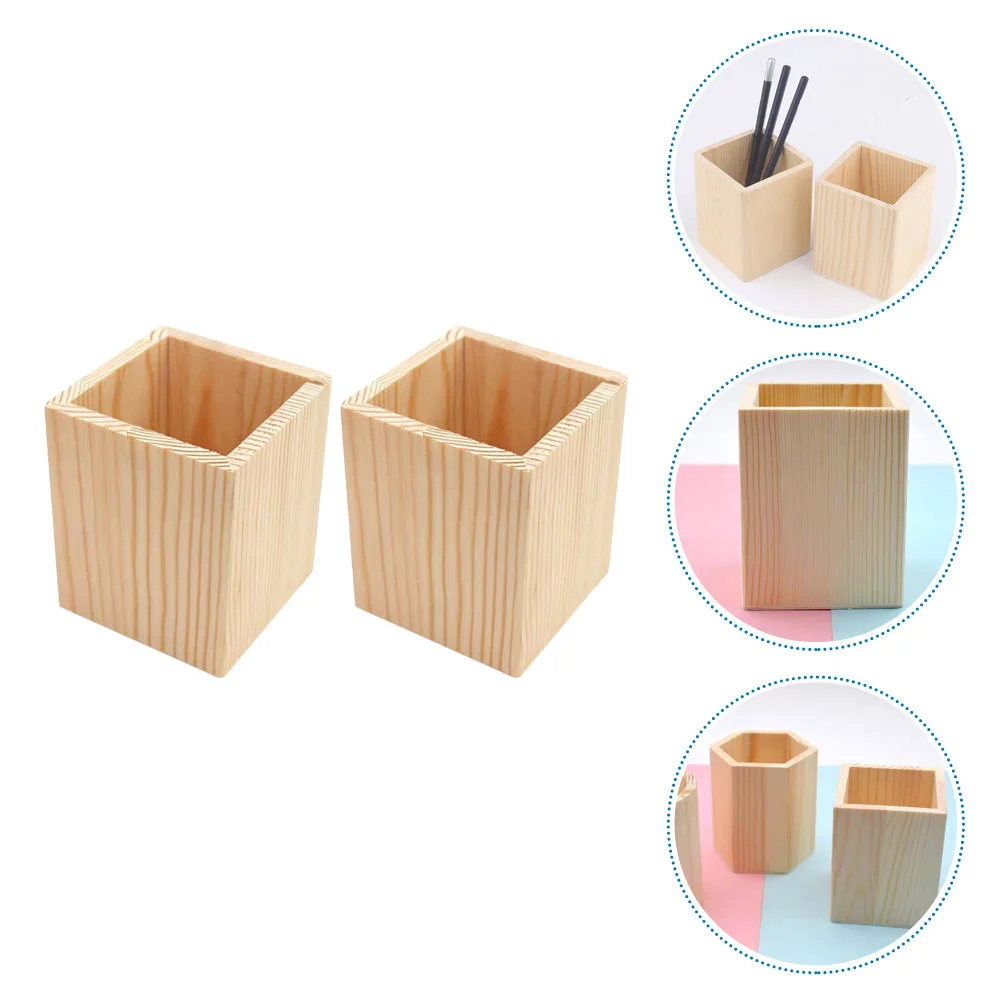 

2 Pcs Pine Pen Holder Wood Brush Pot Stationery Succulent Holders Makeup Storage