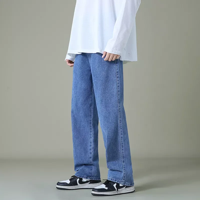 2022New Autumn Men Denim Wide-leg Pants Korean Style Straight Light Blue Baggy Jeans Elastic Waist Student Trousers Male Black G