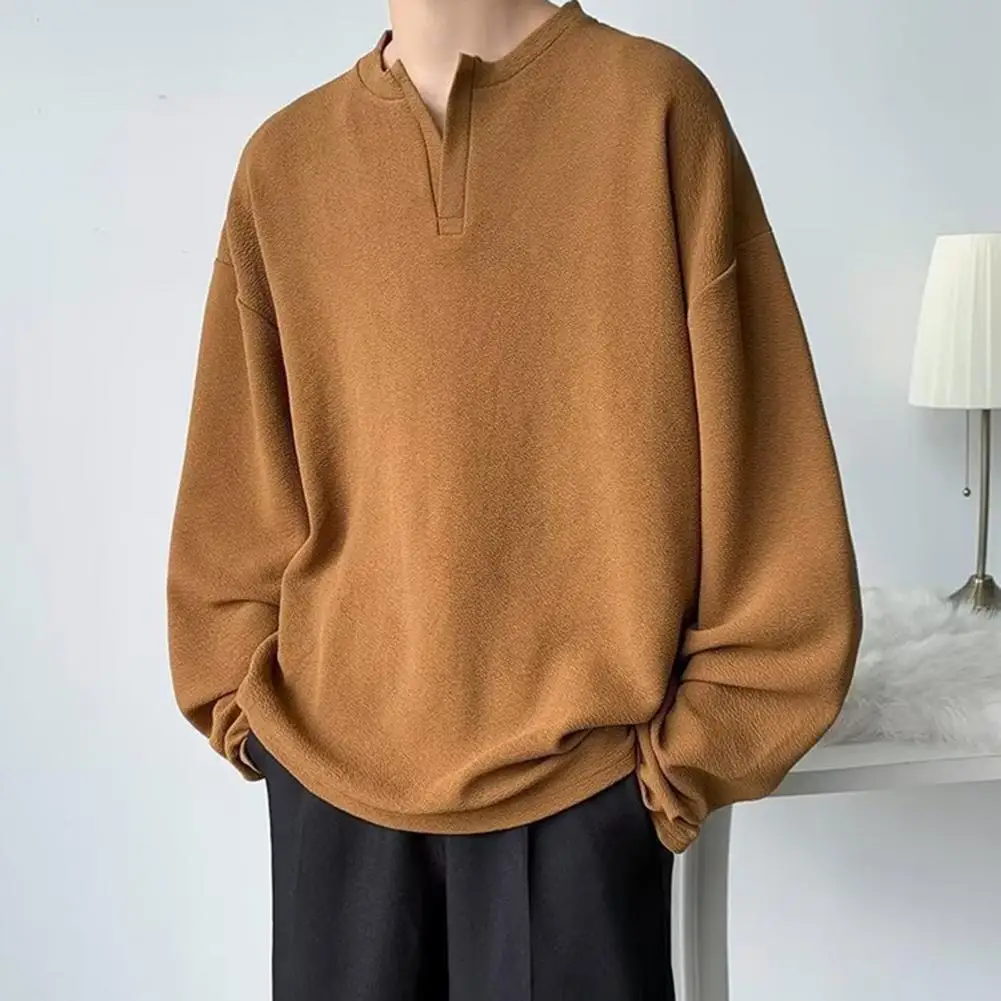 

Men Pullover Shirt V-Neck Long Sleeve Solid Color Breathable Loose-fitting Autumn Spring Men Baggy Pullover Male Tops