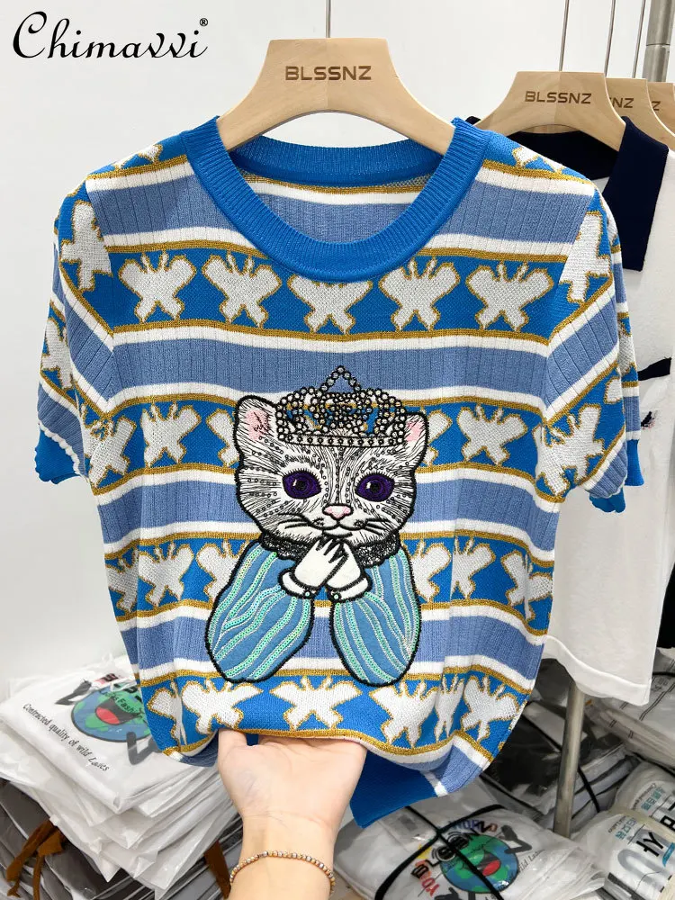 

European Ice Silk Knitted Top Women's Thin 2022 Summer New Fashion Exquisite Rhinestone Chic Loose T-shirt Short Sleeves Tshirts
