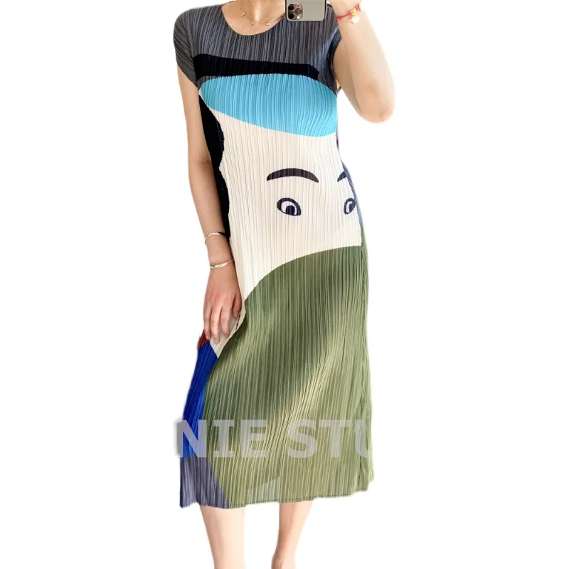 HOT SELLING Miyake fashion pleated Retro print o-neck short sleeve lacing dress IN STOCK