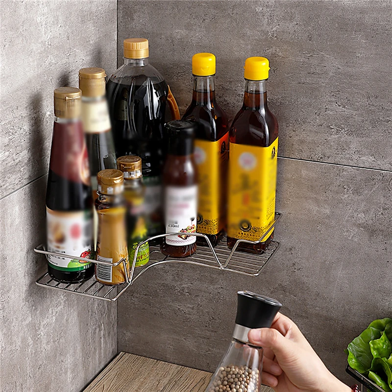 

Wall Mounted Stainless Steel Spice Organizer Rack Triangle Corner Basket Kitchen Cabinet Seasoning Pepper Shaker Storage Holder
