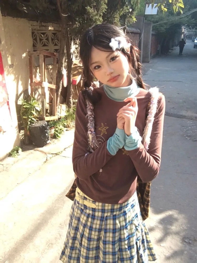 QWEEK Винтажная Футболка Y2k Kawaii Женская водолазка милые Мультяшные коричневые