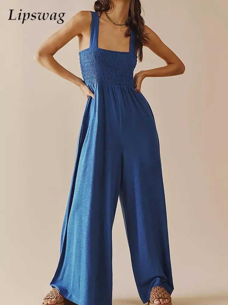 

2022 Fashion Ladies Solid Color Playsuits Women Suspender Rompers Overalls Summer Casual Pockets Long Wide Leg Bodysuit Jumpsuit