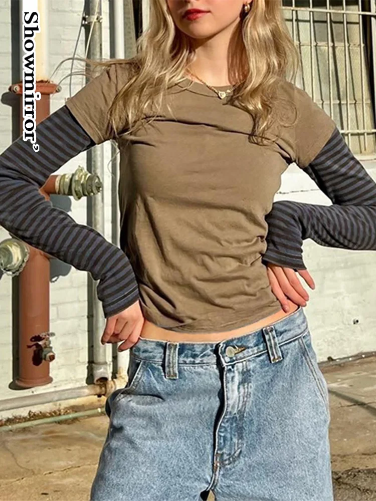 

Showmirror Patchwork y2k Striped T-shirt Vintage Casual Street Pullovers Women Slim Preppy Tee Shirt Grunge Harajuku Fal