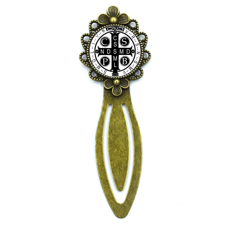 

1 Pcs Saint Benedict Medallion Catholic San Benito Bronze Round Bookmark Vintage Metal Glass Gems As Book Page Marker