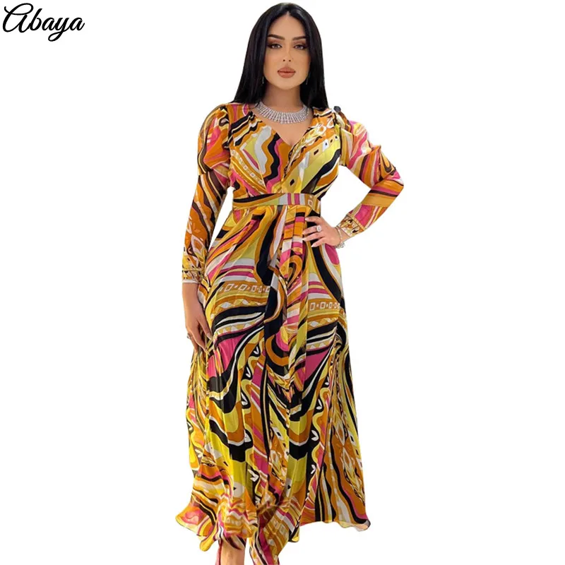 

Multicolored Printing Middle East Fashion Dress Long Sleeves V Neck Dubai Abaya 2022 Vestidos Turkish Long Dresses