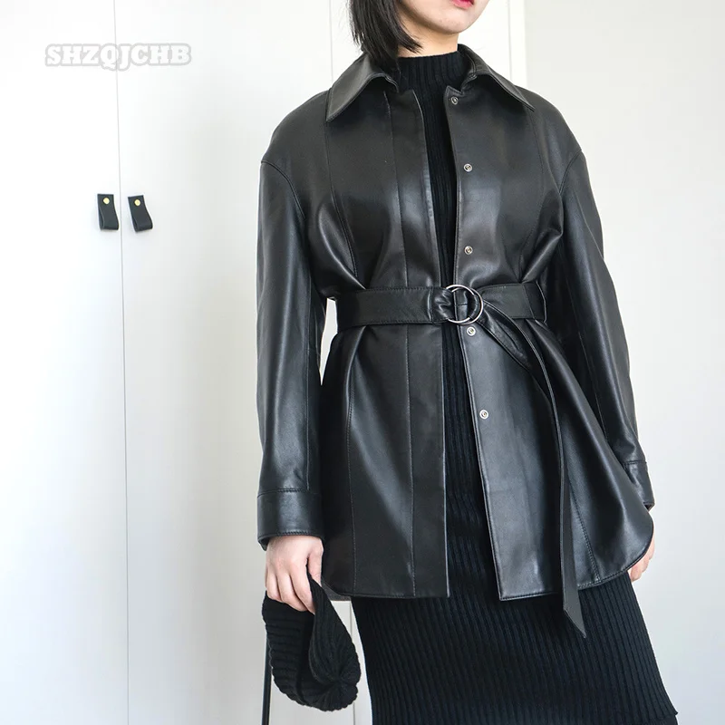 2022 Spring Fashion Women's Leather Dress Temperament Genuine Leather Mid Long Belt Lapel Leather Shirt Sheepskin Coat