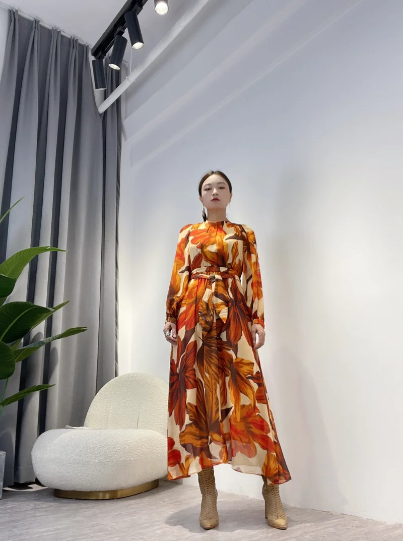 

Nature Silk 2023 Summer Spring Top Quality Orange Flower Print Waist Belt Wrap Midi Dresses