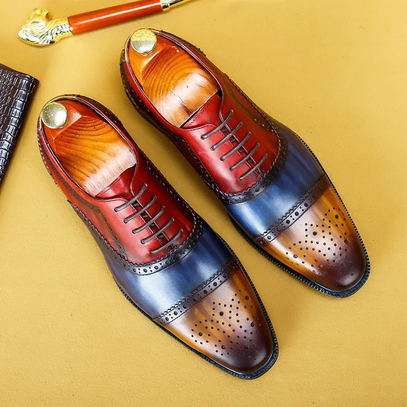 

British trend Brock formal men's leather shoes leather color matching business casual carved gentlemen's leather shoes