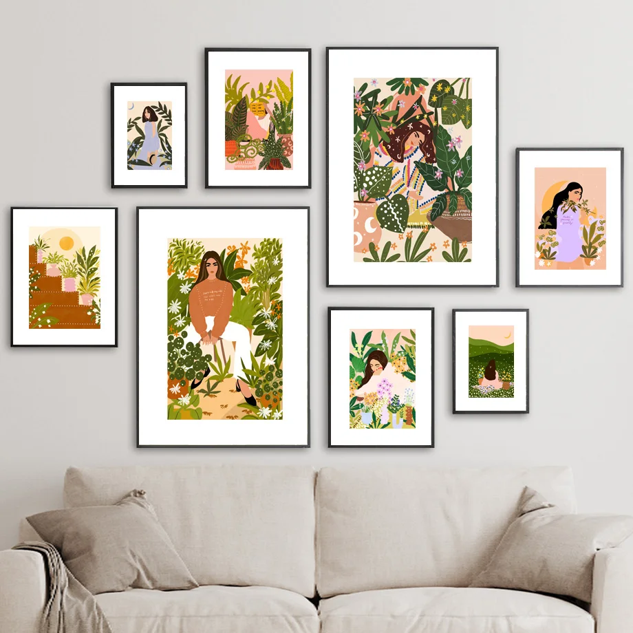 

Tropical Botanical Boho Girl Drawing Digital Oil Painting Handpainted Art Wall Bedroom Living Room Home Decoration Unique Gift