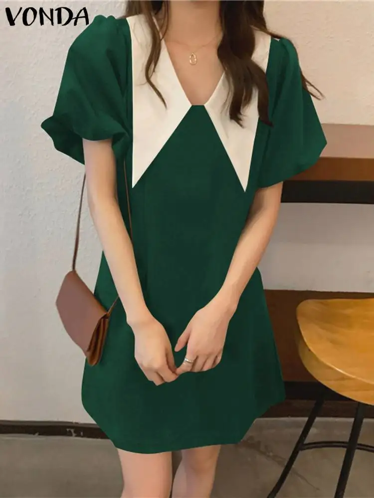 

VONDA Sexy Mini Dress Women 2023 Summer Fashion Short Puff Sleeve V Neck Sundress Casual Loose Patchwork Bohemian Party Vestido