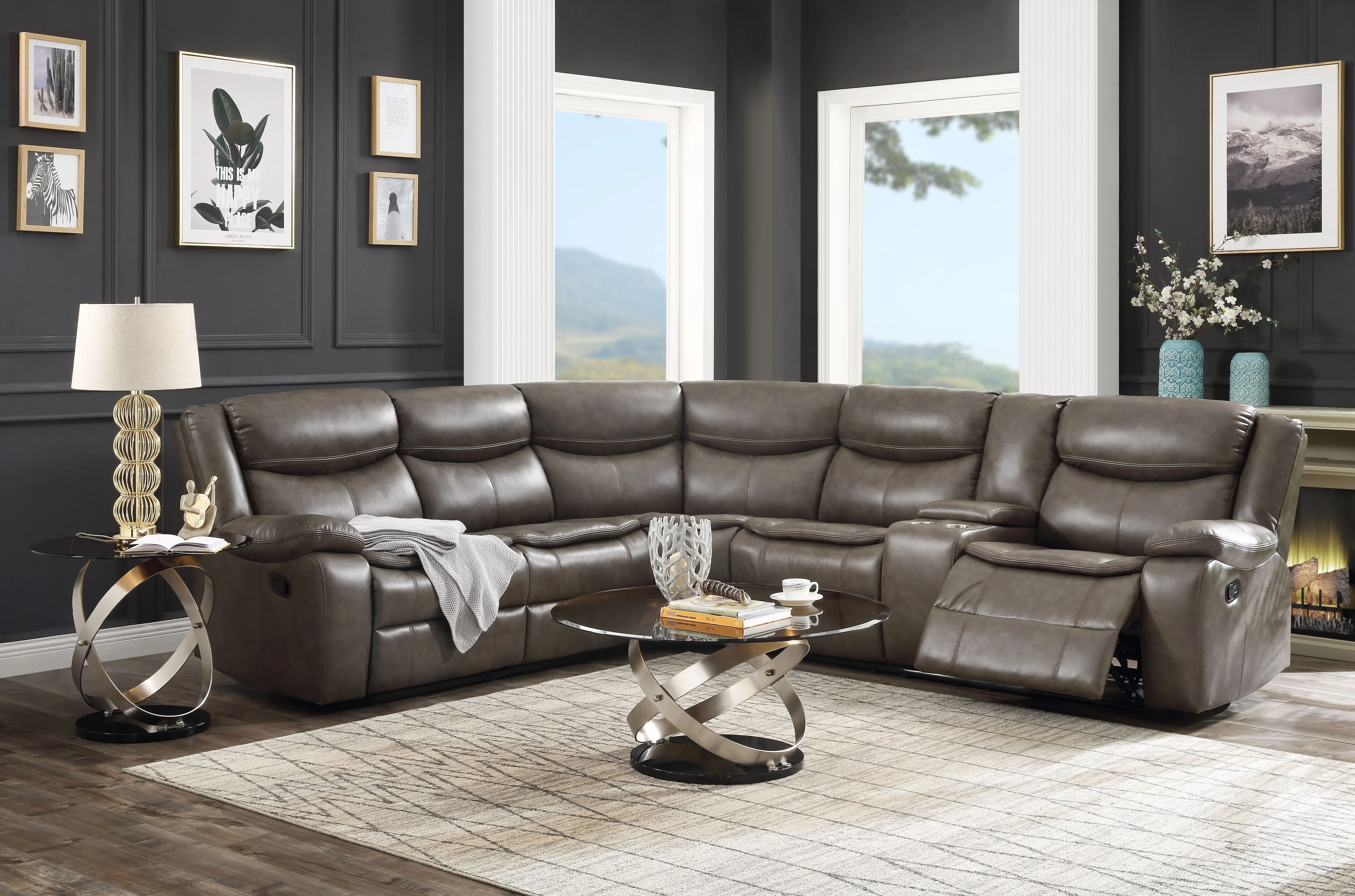 

Tavin Sectional Sofa (Motion), Taupe Leather-Aire Match 52540