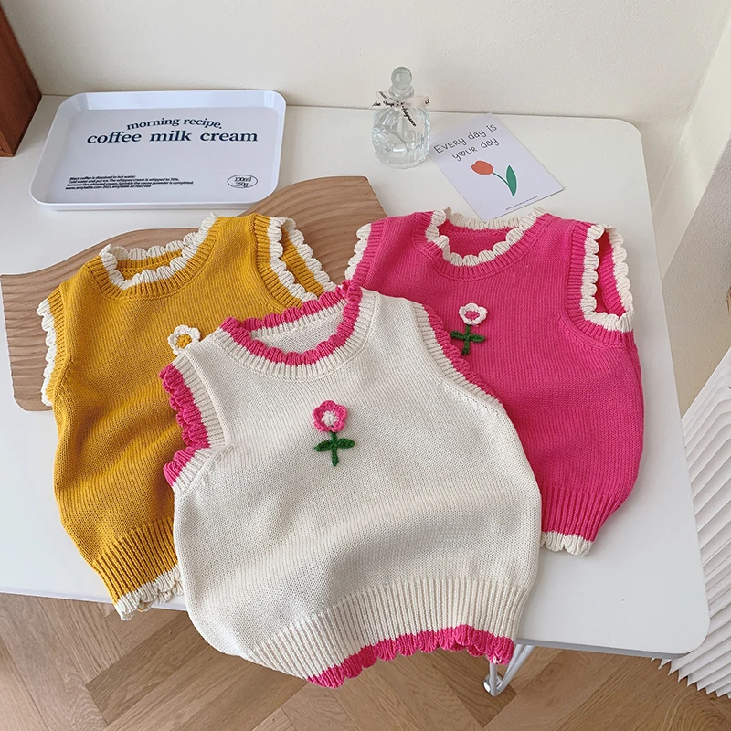

Children Vest Girls Coat Spring Kids Flower Knitted New Clothes Sweater Cute