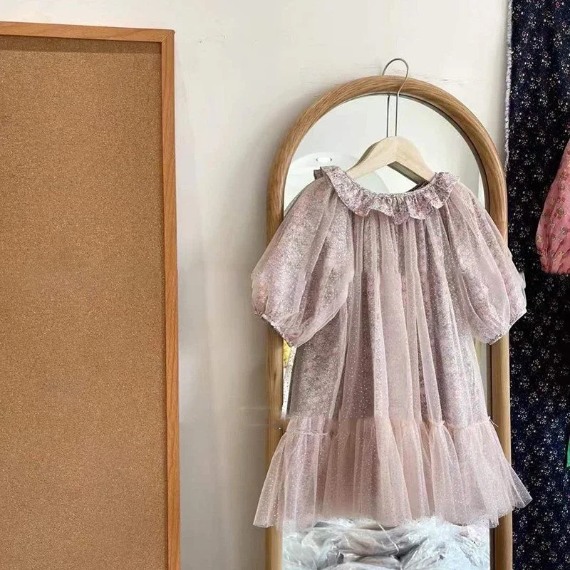 

Korean Children'S Clothing Girls' Dress Trendy 2023 Spring New Mesh Baby Kids Floral Mid-Length Princess Dress Fashion Kids Outf