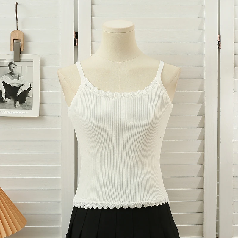 

Women Corduroy Camis Lace Tank Tops Wave Cut Solid Color O Neck Crop Top Spring Autumn Flocking Vest Chic With Straps Corset