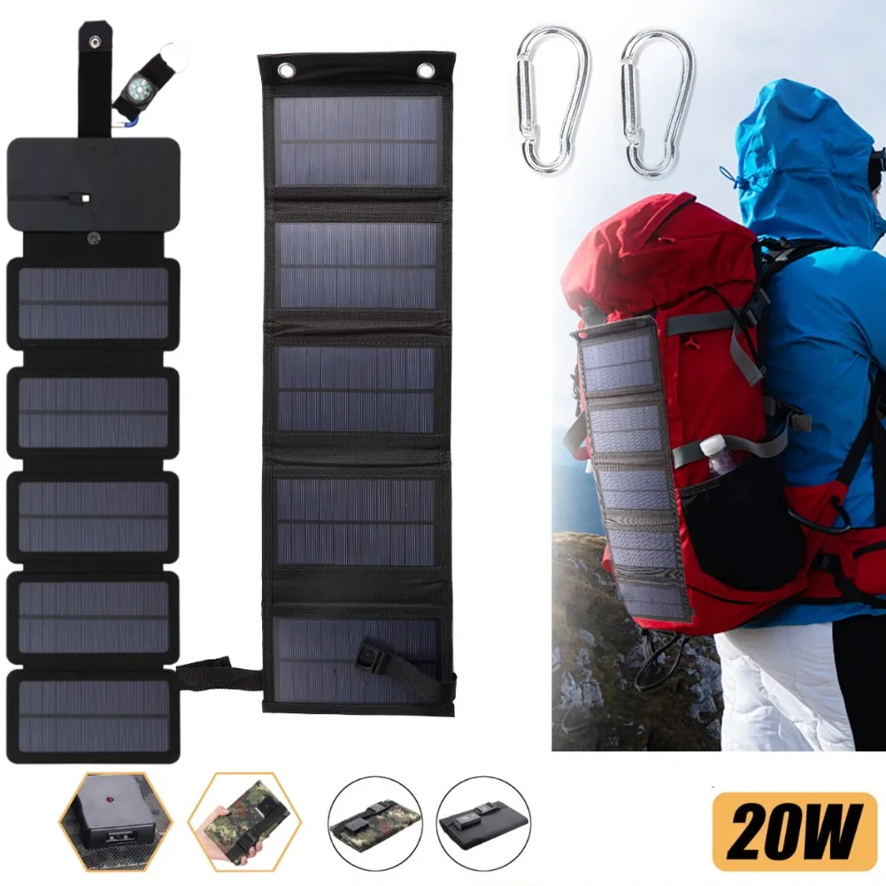 

Solar Panel 20W Camping Equipment Portable Solar Chargers Waterproof Camping Supplies Survival Gadgets For Smartphones Power