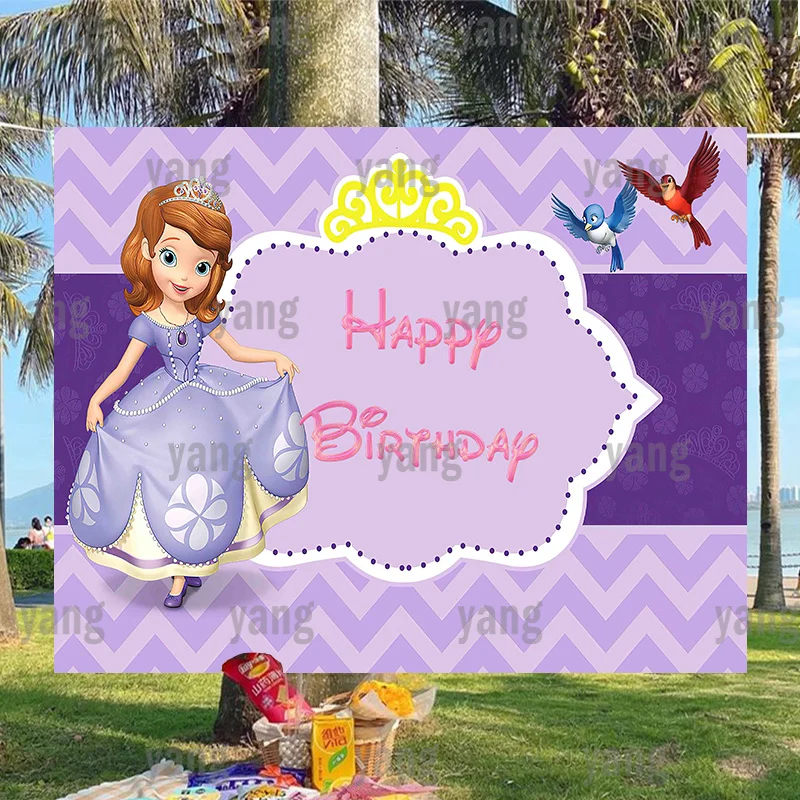 

Customized Sofia Decoration Purple Grid Photo Backdrop Princess Girls Happy Birthday Party Cute Bird Baby Shower Background