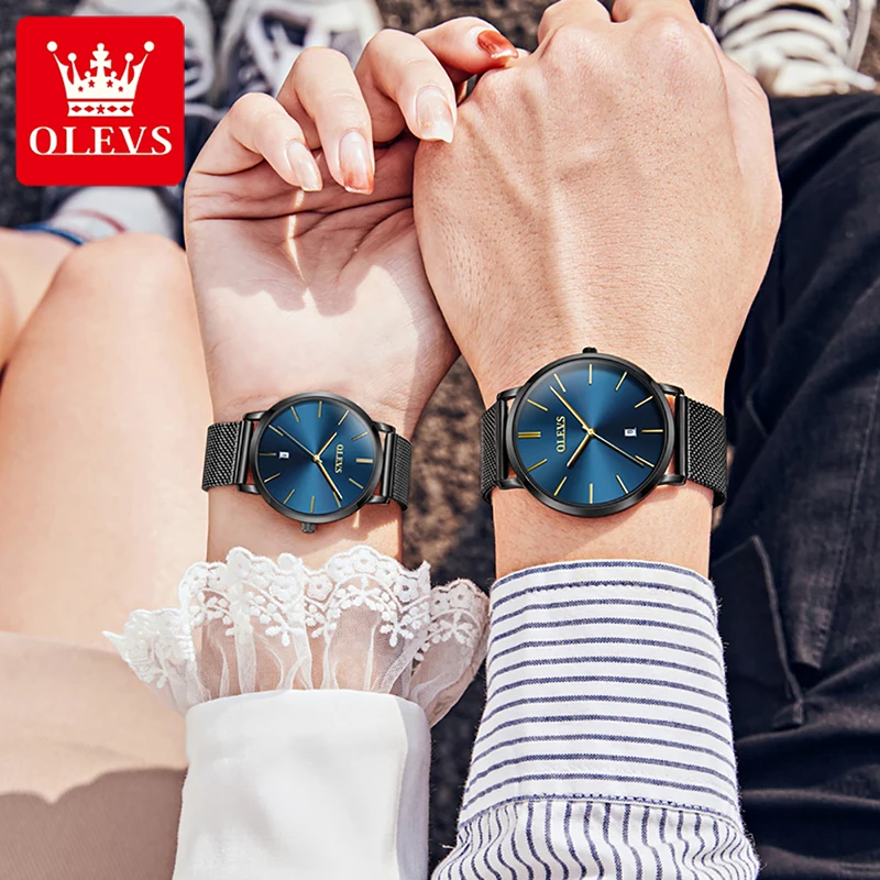 OLEVS Quartz Watch New Fashion Couple Watches Mesh Strap Casual Simple Clock Calendar Display 30M Waterproof Men Women Watch