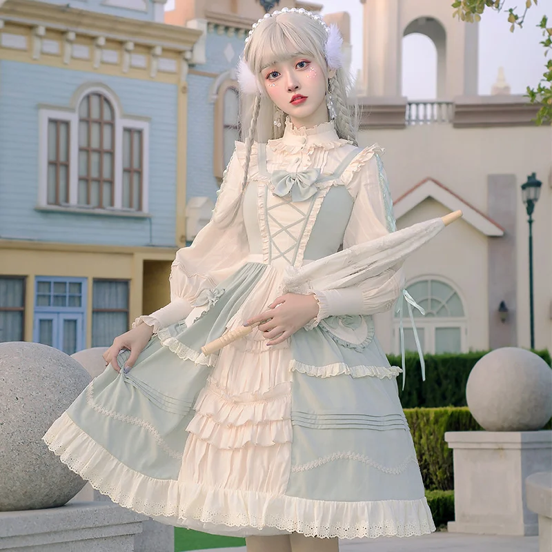 

Sweet Lolita Dress Solid Green Classic Style Victorian Dress Women Kawaii Clothes Lolita JSK Sweet Dress Cosplay Costume