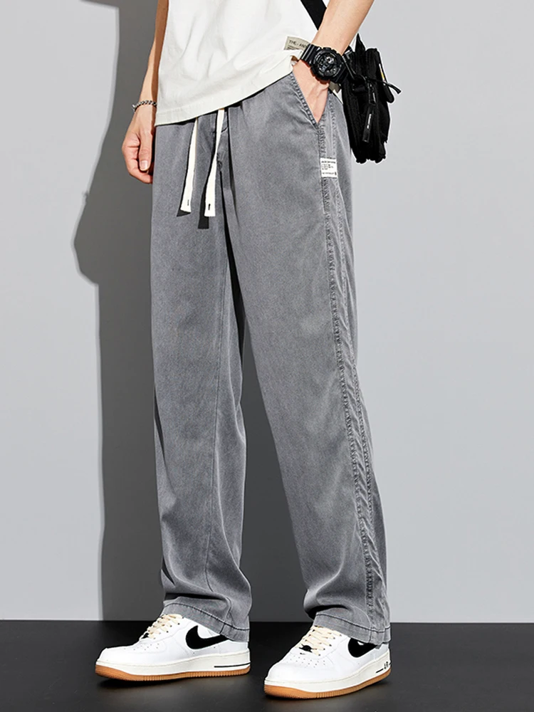 Summer Men's Jeans Soft Lyocell Fabric Thin Loose Straight Pants Drawstring Elastic Waist Korea Casual Trousers Plus Size 5XL