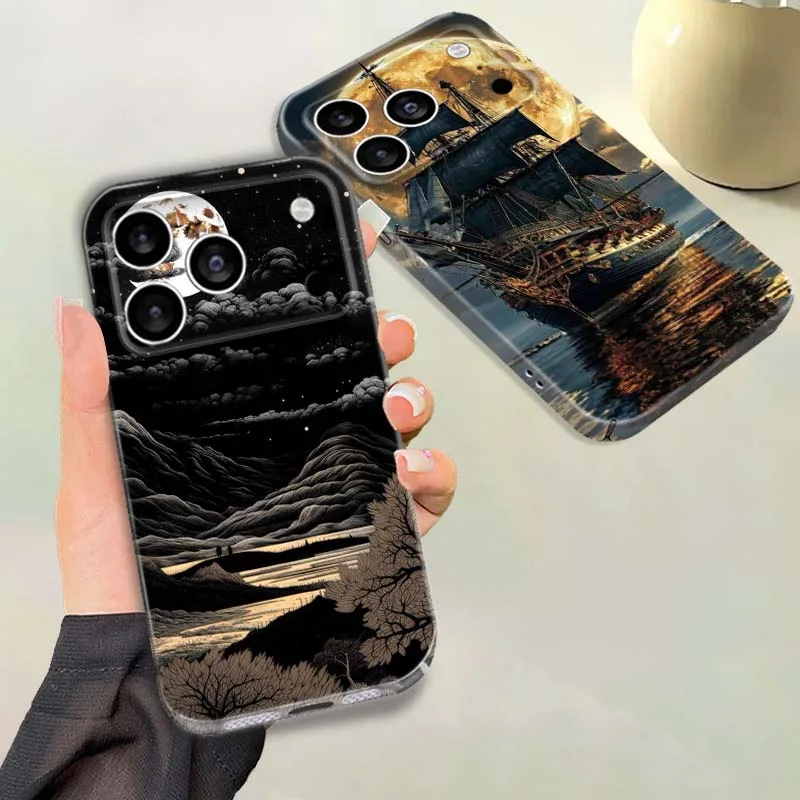 Фото Чехол для телефона с изображением парусника на лунном свете для Apple iPhone 17 16e 16 15 14 13 12 11 X 7 6 Pro Max Plus Mini, жесткий, с защитной пленкой №2