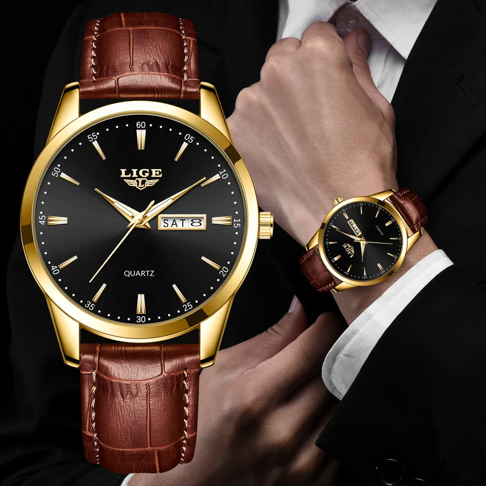 

LIGE Men Watch Fashion Leather Watches Waterproof Luminous Week Date Top Brand Luxury Quartz Wristwatch Relogio Masculino+Box