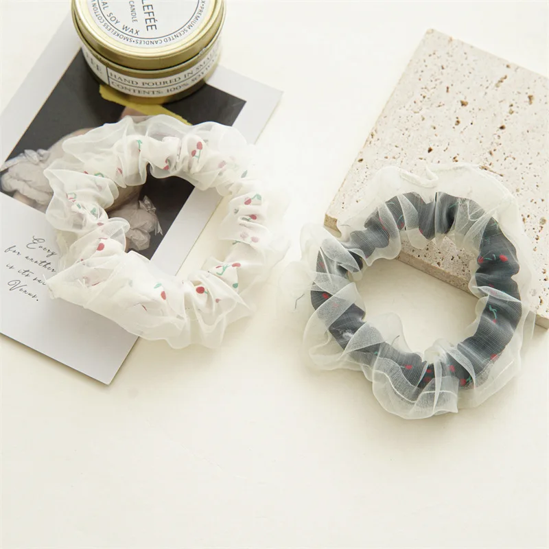 

Южная Корея, модные резинки для волос для девочек, двухслойные резинки для волос из органзы, женские резинки с вишневым узором, милые украше...