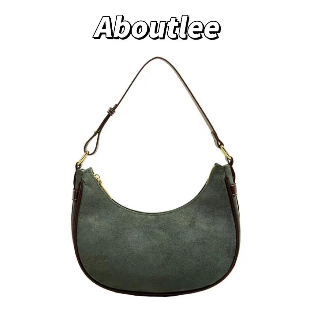 

Aboutlee Vintage Dark Green Underarm Bag Plush Crescent Handbag Casual Minimalist Niche Design Crossbody Bag Student Girl Purse