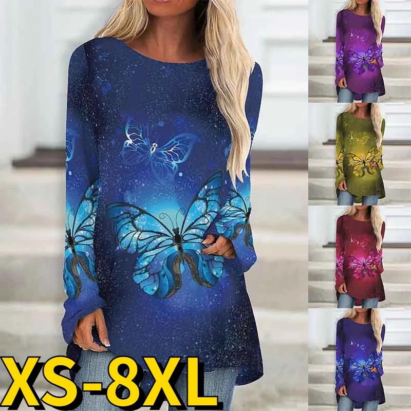 

Женская футболка с принтом бабочки, повседневный облегающий пуловер с длинным рукавом и круглым вырезом, Осень-зима 2022