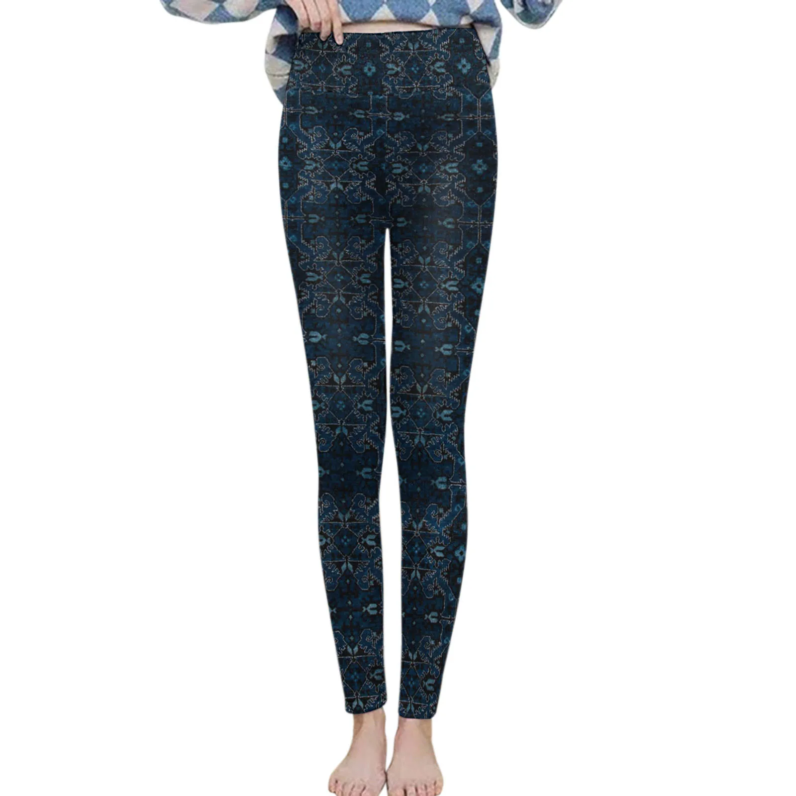 Leggings For Womens Casual Pants Elastic High Waist Retro Pattern Printed Fleece Lined Capris Thermal Women's Thermal Underwear