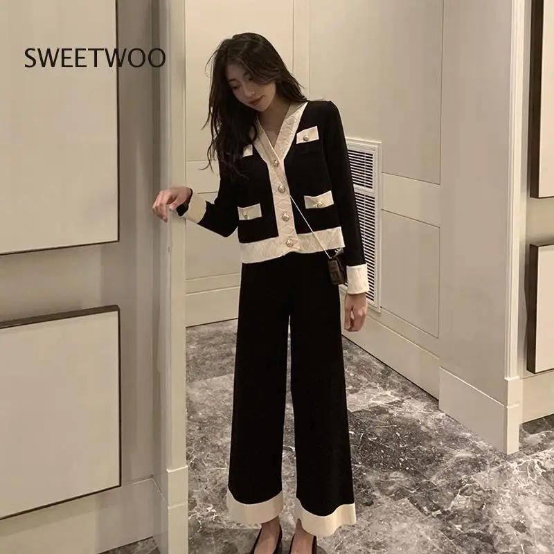

Fashion Women's Suit 2022 Spring New Knit Suit Fashion Professional Knitted Wide-Leg Pants Two-Piece Suit Tide Chic Slim Ins