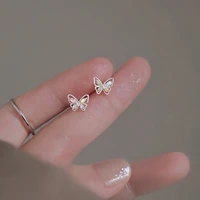 light luxury 925 silver lnlaid crystal stud earrings for woman korean fashion butterfly piercing ear studs glamour girl jewelry