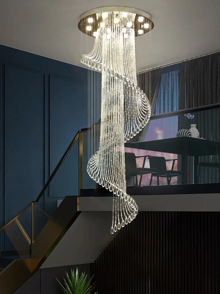 

Stair Chandelier Modern Minimalist and Magnificent Villa Hollow Height Loft Rotating Crystal Living Room Duplex Floor Chandelier