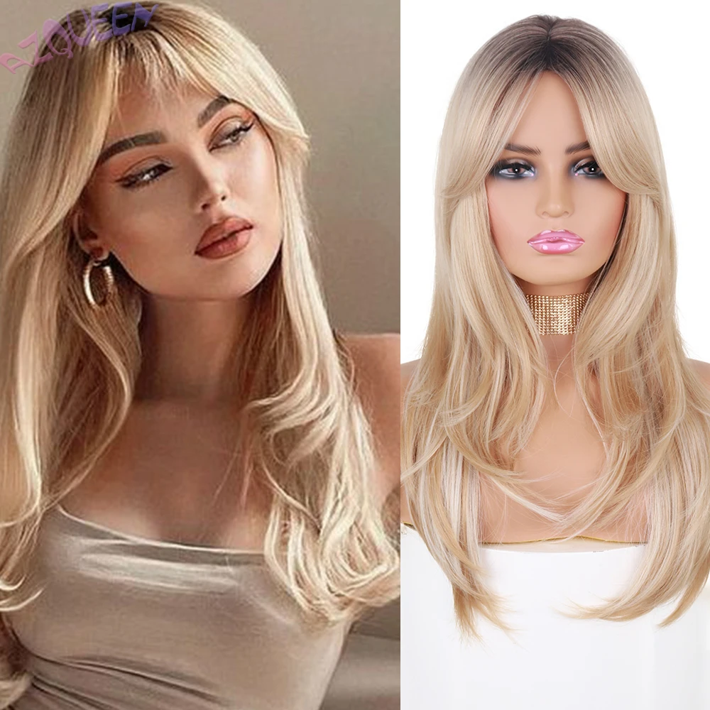 

AZQUEEN Synthetic Wigs Long Straight Layered Hairstyle Ombre Black Brown Blonde Full Wig middle part with radian bangs For Women