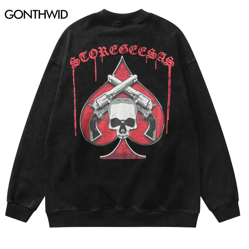 

Hip Hop Sweatshirt Hoodie Vintage Skull Skeleton Letter Print Crewneck Sweatshirts 2022 Harajuku Cotton Distressed Wash Hoodies