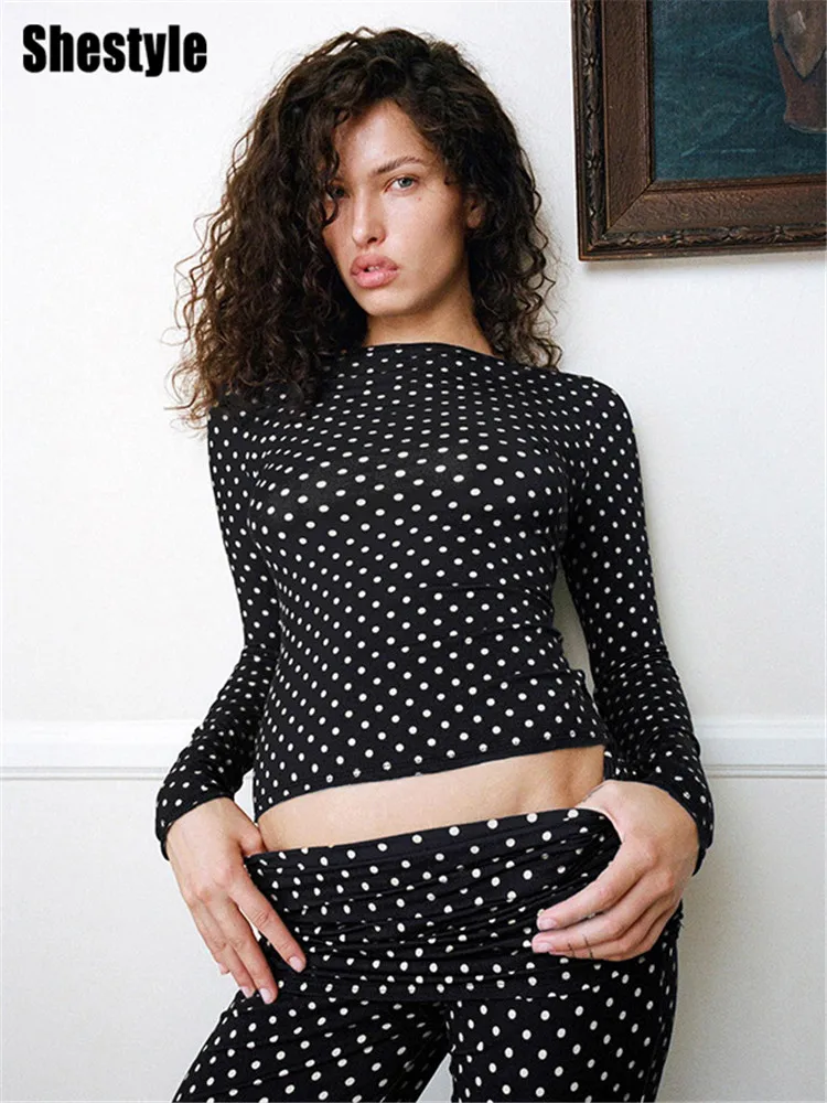 Shestyle Polka Dot Женские черные комплекты из двух предметов Сексуальные расклешенные