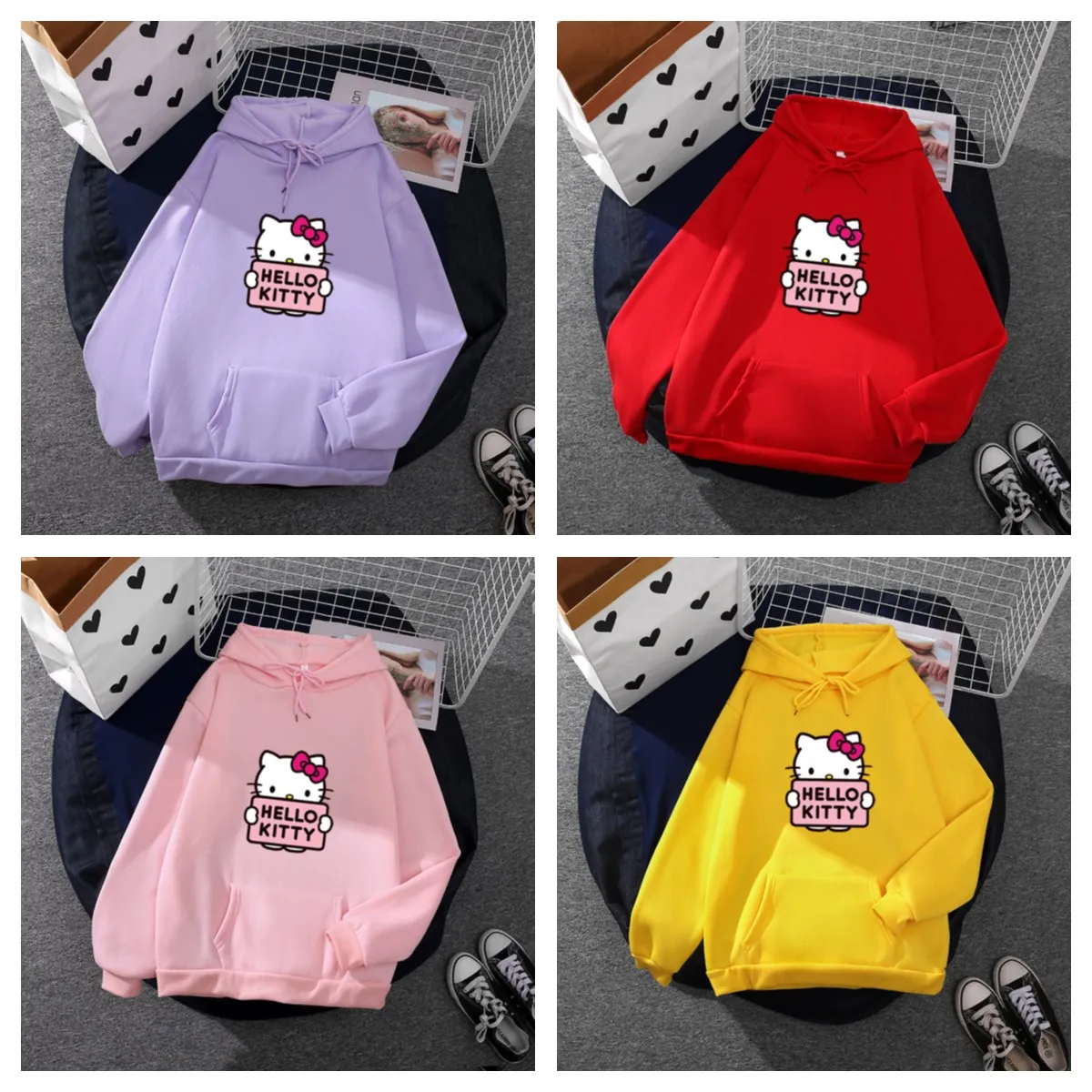 

2022 Kawaii Sanrios Hellokitty Autumn Winter Loose Medium Long Sleeves Fleece Hoodie Round Neck Coat Anime Soft Warm Couple Kids