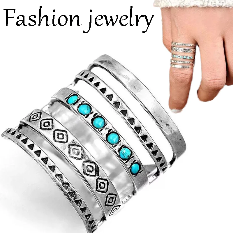 

Vintage Bohemian Turquoise Ring Women's Multilayer Hollow Silver Rings Metal Fashion Retro Boho Wedding Jewelry Accessories Gift