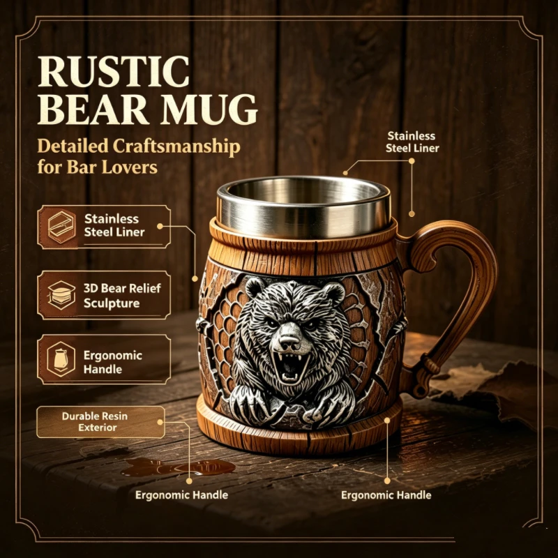 Фото Кружка для пива Viking Wild Bear: резиновая, с тиснением, деревянной изогнутой ручкой, внутренней колбой из нержавеющей стали. Идеально для бара, коктейлей, виски. Отличный подарок на день рождения. №2