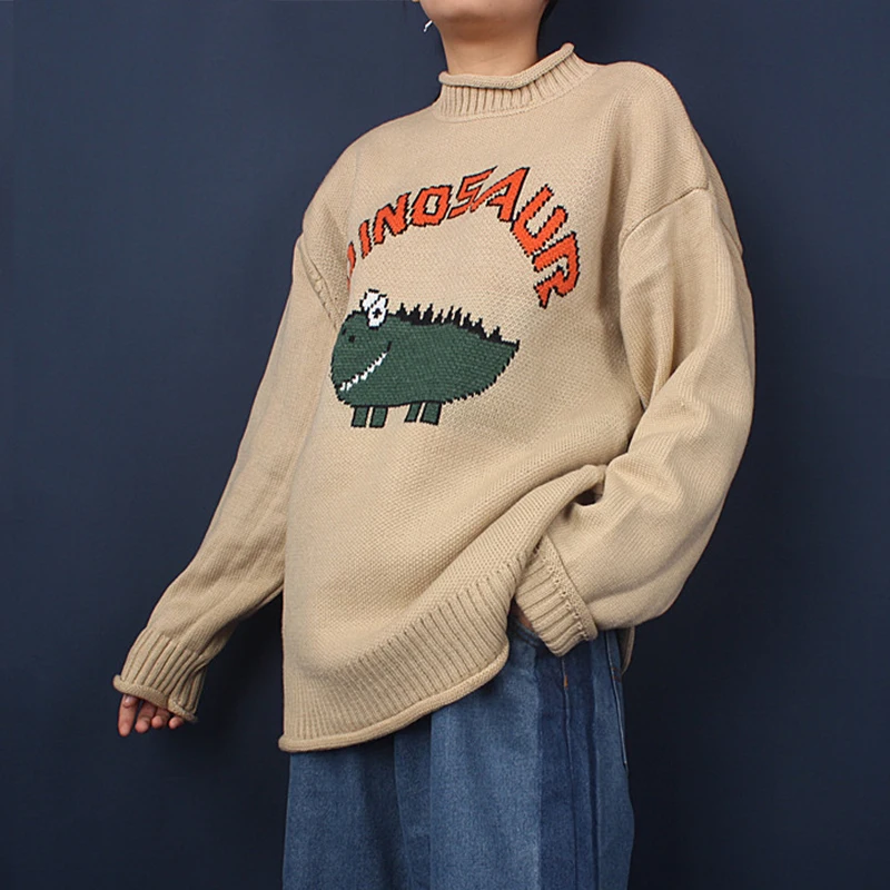 

Dinosaur Lovely Sweater Men 2022 Winter Pullover Men's Sweaters Oversized Boy Student Sweater Khaki earthy aesthetic clothes