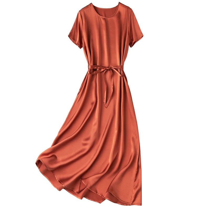 2022 summer women's fashion silk dress one peice with belt | Женская одежда
