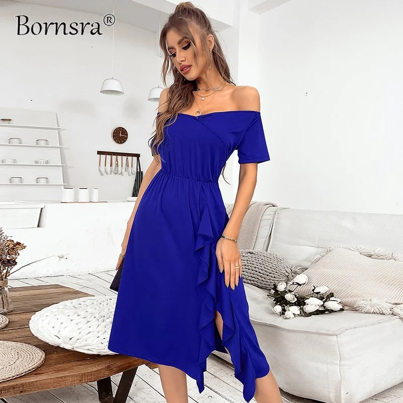 

Женское асимметричное платье Bornsra, повседневное однотонное платье с воротником-лодочкой и коротким рукавом, весна-лето 2022