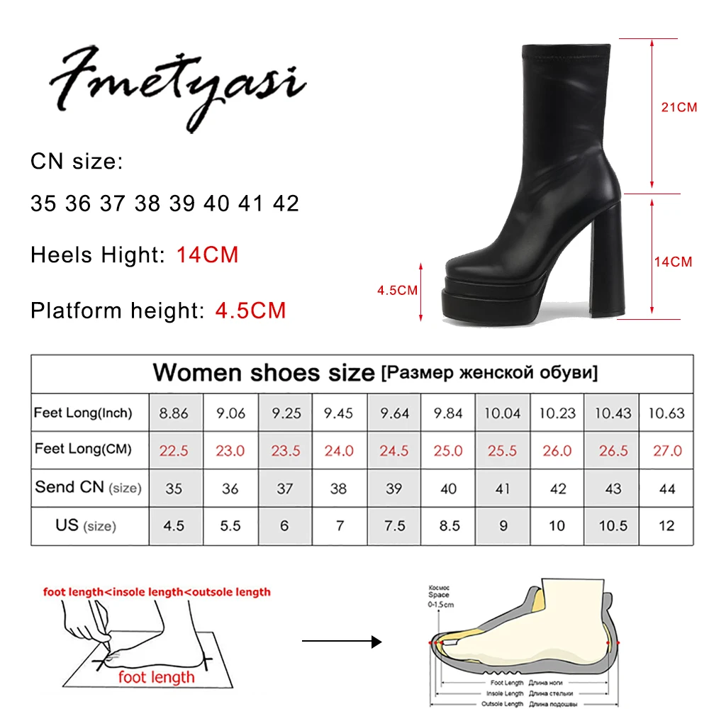2022 Winter Black High Heel Boots for Women Solid Zipper Boots Fashion Square Toe Platform Thick Heels Sexy Short Ankle Boots