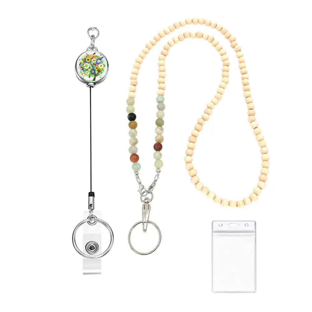 

Выдвижной шнурок с держателем для значков, шнурок с деревянными бусинами для учителей, шнурок с держателем для удостоверения личности для м...